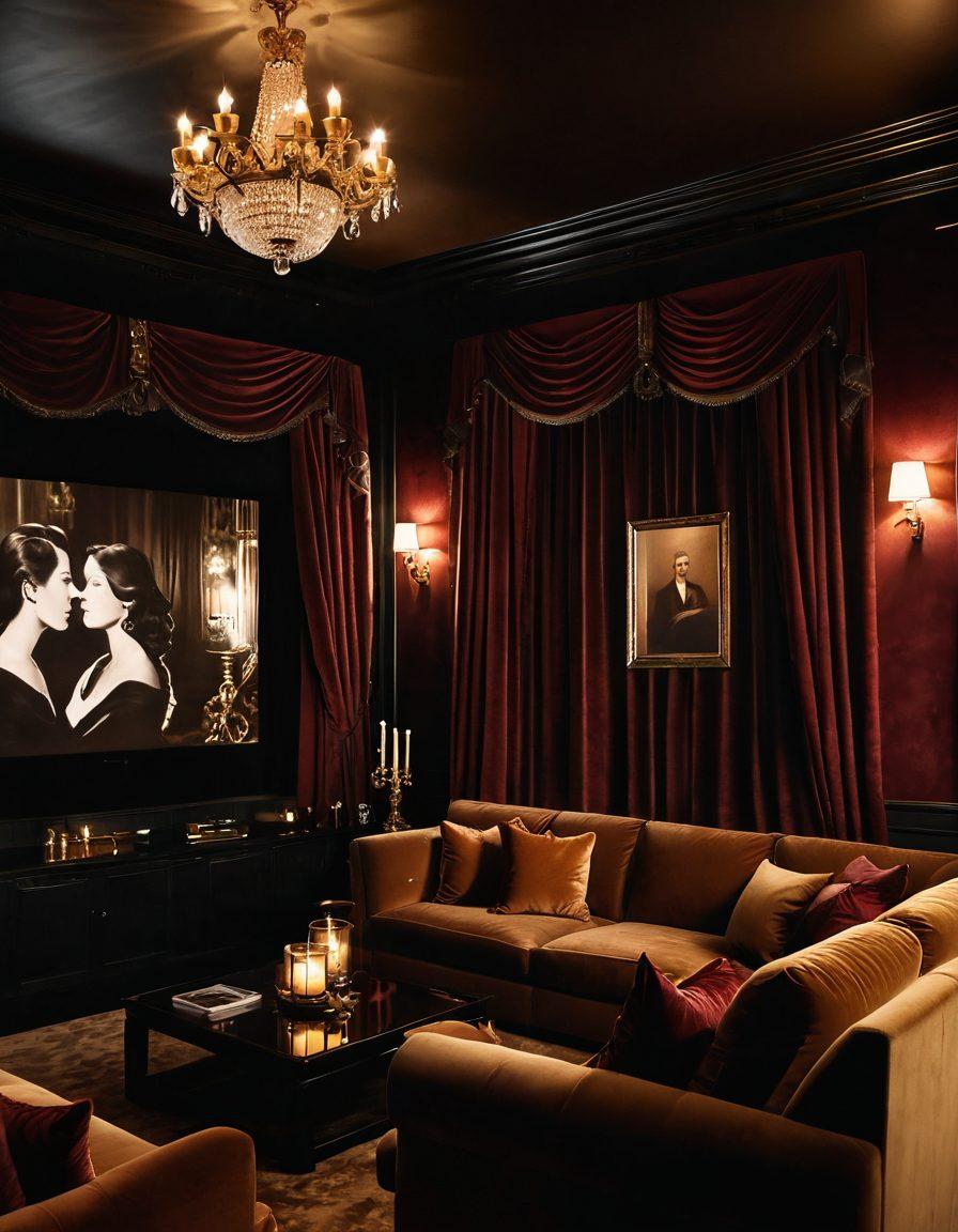 A mystique-filled scene showcasing a luxurious, dimly-lit home theater adorned with plush velvet seating, flickering images on a large screen that evoke passion and allure. Subtle silhouettes of elegant figures enjoying the ambiance, with soft shadows and warm hues creating an intimate atmosphere. Artful arrangement of suggestive props like velvet curtains, candles, and wine glasses, alluding to romance and seduction. A touch of modernity with digital elements subtly integrated into the design. super-realistic. warm colors. soft focus.